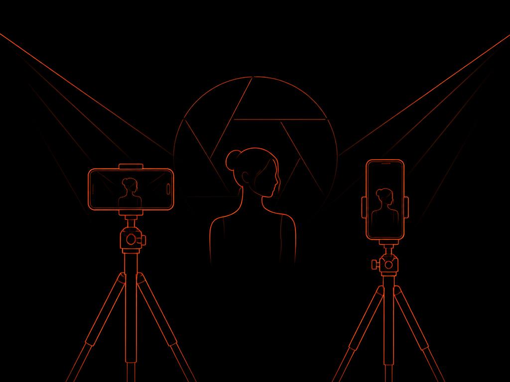 Ilustração minimalista de dois smartphones em tripés captando um evento